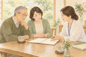 本人と家族が医療職と希望を話し合うイラスト